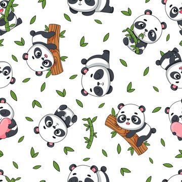 panda is sitting on a tree. Postcard in cartoon kawaii style. Vector for design, banners, children's books and patterns