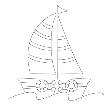 Coloring book pages for kids. Vector black and white contour picture of a cute Sailing vessel, ship at sea.