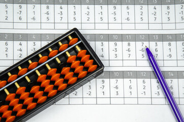 Abacus for mental arithmetic on background of sheet of paper with examples for calculation.