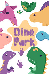 Poster of cute dinosaurs for decorating the nursery, Mesozoic era stickers for children, with hand drawn alphabet in a flat style, isolated on a white. Vector illustration