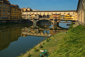 View of the bridge Ponte Vecchio over the river Arno in Florence, Italy, Europe
