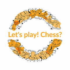 Doodle sketch style. A hand-drawn set of chess elements. Chess stacked in an arc. Queen, king, rook, bishop, horse and pawn. Isolated vector illustration for board game store, store, game competition.