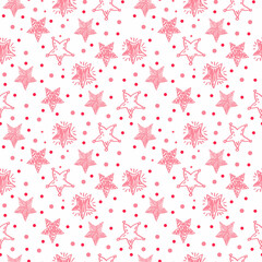 Seamless holiday pattern on white background. Cute stars and circles. Stars with different patterns. Doodle style vector.