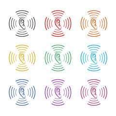 Ear listen sound signal icon isolated on white background, color set