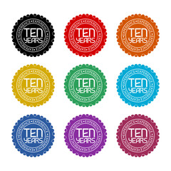 Ten 10 years experience icon isolated on white background, color set