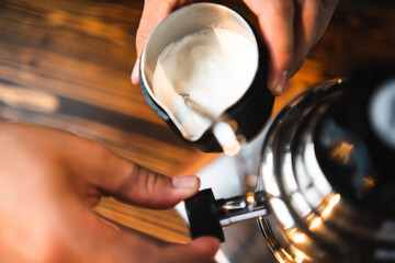 slow bar coffee cafe concept, barista maker are making a hot drink into a cup, vintage filter mage