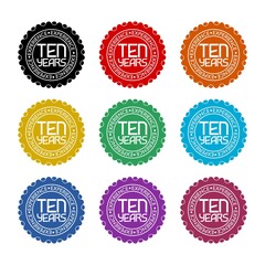 Ten 10 years experience icon isolated on white background, color set