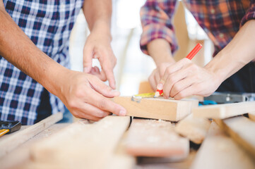Obraz na płótnie Canvas wooden carpenter craft man team with work tool for wood workshop business, carpentry craftsman