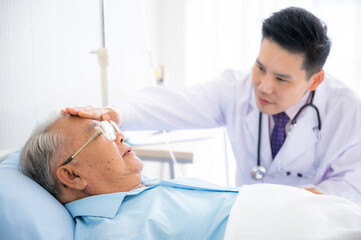 Obraz na płótnie Canvas old senior patient man visit doctor at hospital to medical health care check, health insurance