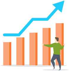 Man looking at bar chart, growing graph. Data analysis, business statistics information concept. Working with statistical reports, financial indicators. Male character analyzes data, statistics