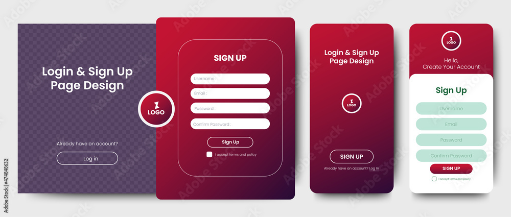 Poster set of sign up and sign in forms. red gradient. registration and login forms page. professional web 