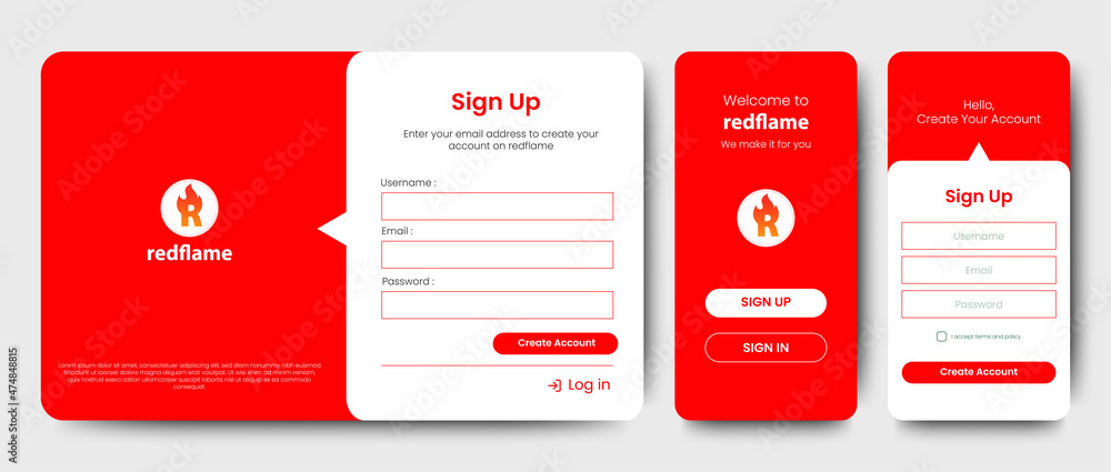Poster set of sign up and sign in forms. red gradient. registration and login forms page. professional web 