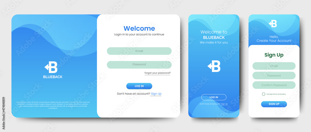 Poster set of sign up and sign in forms. blue gradient. registration and login forms page. professional web
