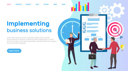 Fototapeta Implementing business solution vector. People working in area of management. Time deadline coping with tasks employee at work, making deal, contract conclusion. Business website landing page template obraz