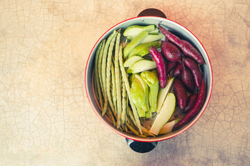 Fresh Chayote and long green bean with sweet potato, fresh vegetable in steamer tray, vegetarian food, healthy food