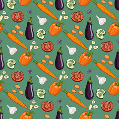 Seamless pattern with tomato, cucumber, carrot, eggplant, bell pepper and garlic on teal backround. Endless texture with vegetables for your design