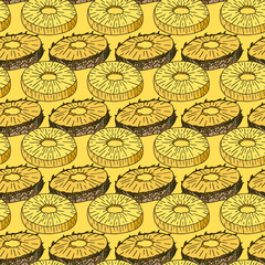 Seamless pattern with pineapple slices on bright yellow background. Endless background with tropical fruit for your design