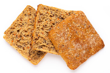 Rye bread slice on a white background.