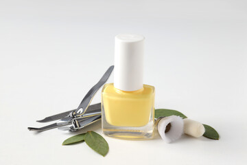 Concept of nail care with manicure accessories on white background