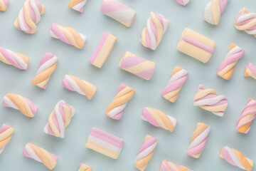 Colorful marshmallow laid out on pastel background. Creative textured pattern.