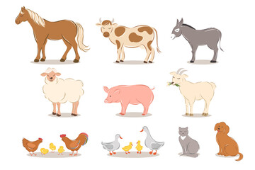 Farm animals set on white background. Cartoon animals collection. Kids vector illustration.