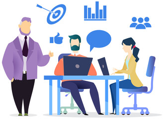 Employees cooperating, doing business work together in office. Businesspeople sitting with laptops, surfing internet. Targeting team works with strategy planning for development, increasing profit