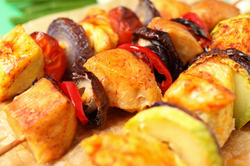 Tasty chicken shashlik, close up and selective focus