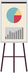 Vector icon of wooden flipchart with diagram or pie chart, graphs, data, chart, infographics. Business presentation at board. Report screen with statistics, business strategies, financial plan