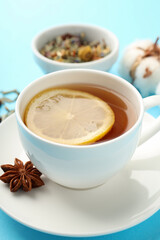 Concept of hot drink with tea, close up