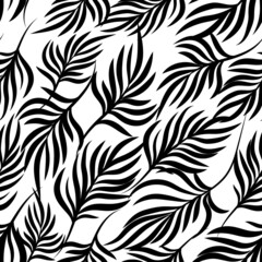 Seamless pattern of black leaves. Summer design with print. Background of nature. Hand-drawn vector illustration. Vector design for paper, fabric,textiles,packaging.