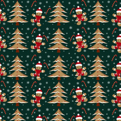Digital illustration Pattern seamless cookies with merry christmas little men and christmas tree lollipop snowflakes