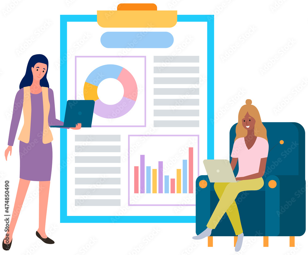 Poster visualize with business analytics. people work with statistical data analysis, changing indicators. 