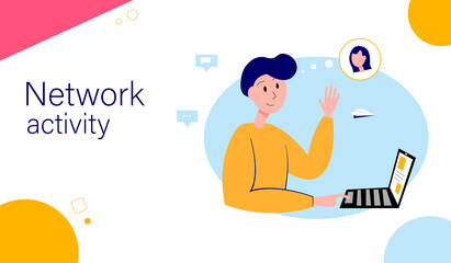Network activity landing page template. People communicate using social networks. Vector illustration of communication via the internet, video, news, social networks, messages, website.