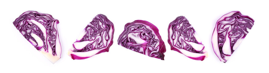 Obraz premium Sliced of red cabbage isolated on white background. Top view