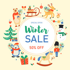 Winter sale background with many New Year's elements. Vector illustration.