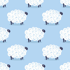 Cute sheep vector seamless pattern kids sweet dreams illustration on blue background. Baby shower background. Child drawing flat style white sheep. Kids design for fabric and decor.