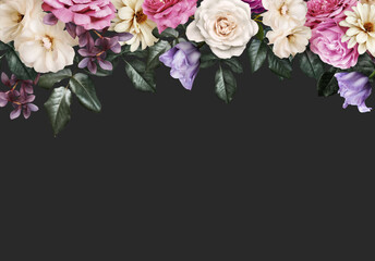 Floral banner, header with copy space. Roses, tulips and dahlia isolated on dark grey background. Natural flowers wallpaper or greeting card.