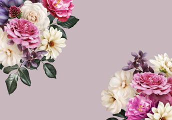 Obraz na płótnie Canvas Floral banner, header with copy space. Roses, tulips and dahlia isolated on pastel background. Natural flowers wallpaper or greeting card.