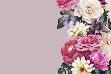 Floral banner, header with copy space. Roses, tulips and dahlia isolated on pastel background. Natural flowers wallpaper or greeting card.