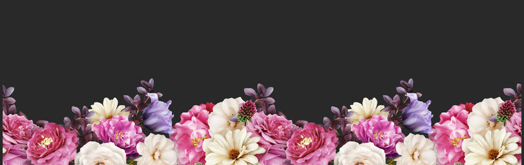 Floral banner, header with copy space. Roses, tulips and dahlia isolated on dark grey background. Natural flowers wallpaper or greeting card.