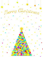 光の玉が集まってできたクリスマスツリー,「Merry Christmas」のゴールドカラーテキスト