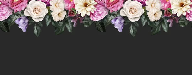 Foto auf Acrylglas Floral banner, header with copy space. Roses, tulips and dahlia isolated on dark grey background. Natural flowers wallpaper or greeting card. © RinaM