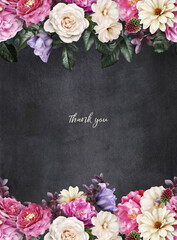 Floral card with copy space. Bouquet of roses, tulip and dahlia on dark textured grange background.