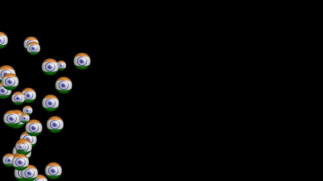 3d Floating indian colour balls isolated on black background.  Loop and seamless background for indian government holidays.