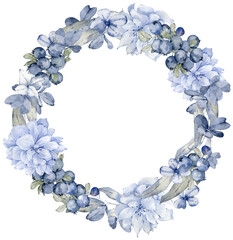 Blue berries and flowers wreath. Christmas and New Year's card. Watercolor circle holiday frame. Green branches isolated on the white background.