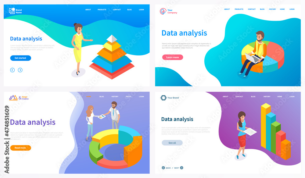 Poster visualize with business analytics. people work with statistical data analysis, changing indicators. 