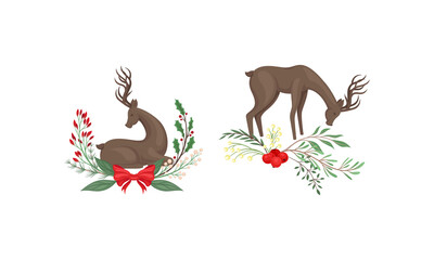 Set of graceful deers with tree branches and red berries. Autumn and winter season design elements cartoon vector illustration