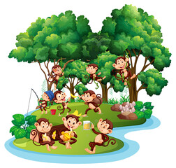 Isolated forest with many cute monkeys
