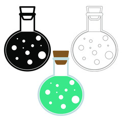 Chemical test tubes in vector icons set of three minimalist simple flat illustrations. Experiment chemical flasks for science isolated on white background.