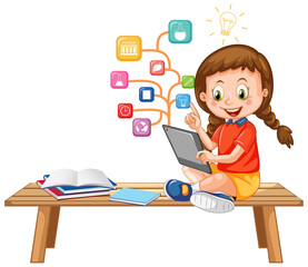 Young girl using tablet with education icons